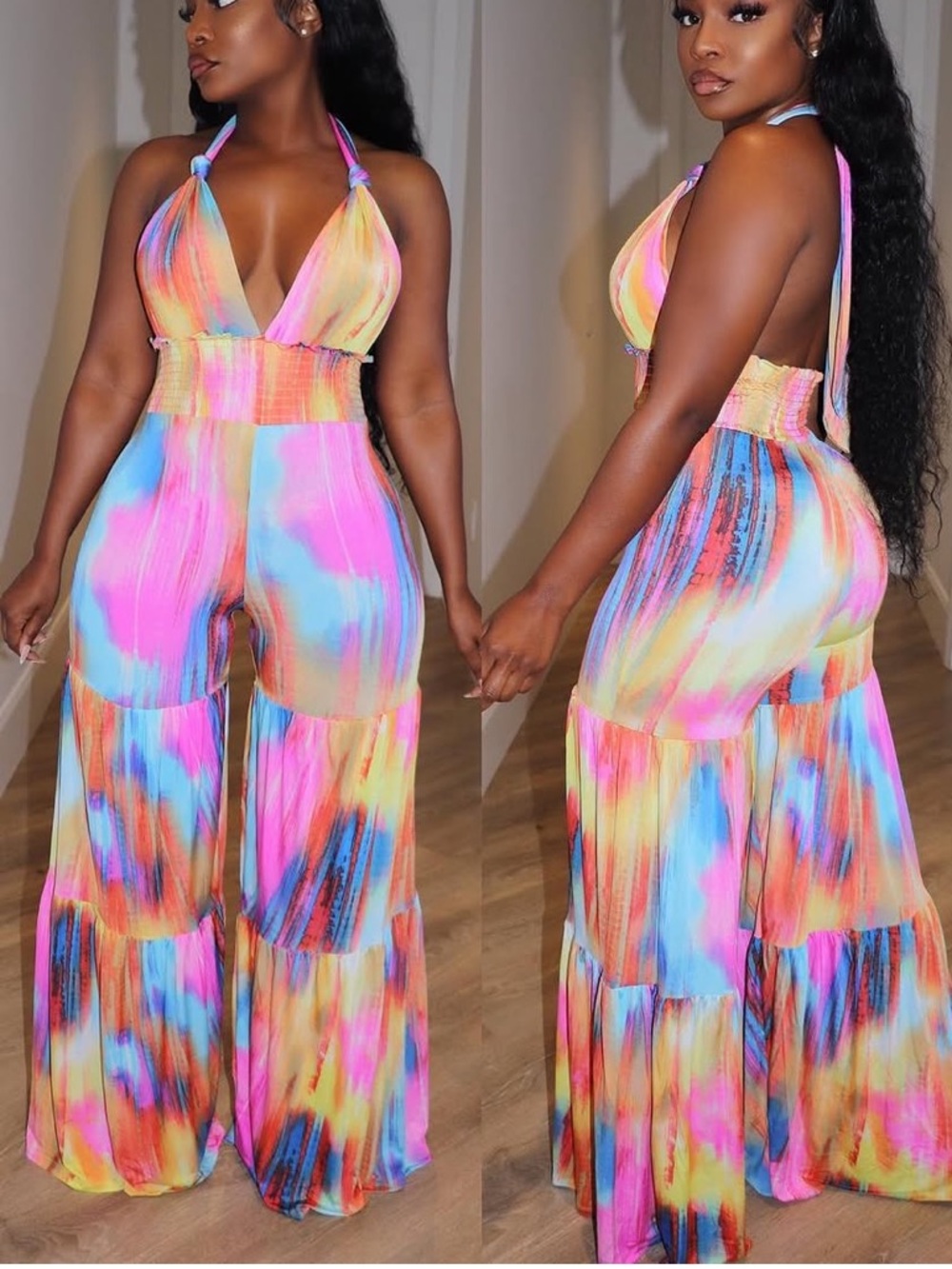 Multi-Color Watercolor Halter Jumpsuit
